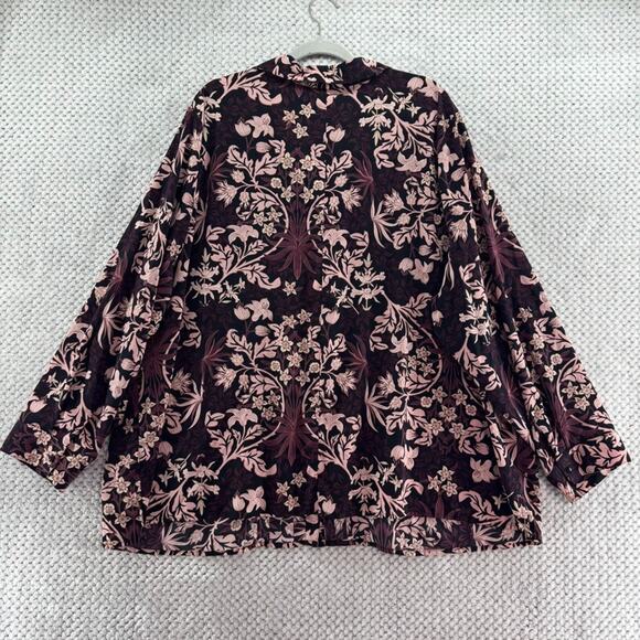 Catherines Top Women 3X Black Pink Floral Pleated Button Up Long Sleeve Collared - Picture 7 of 12